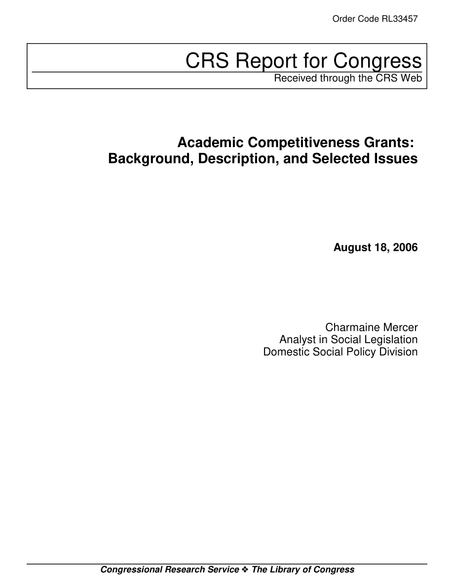 [20060818]RL33457_学术竞争力奖助金：背景、说明和选定问题.pdf_第1页