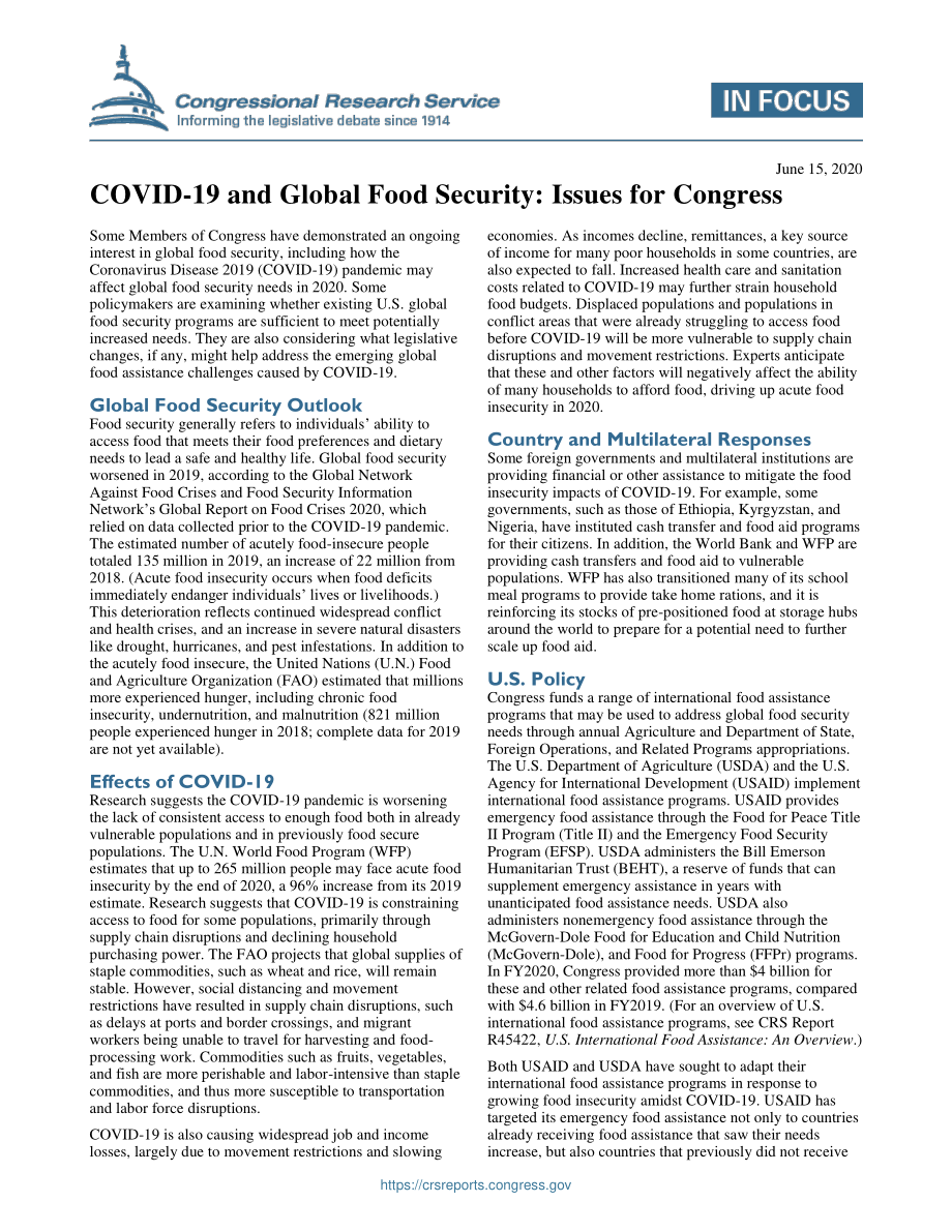 [20200615]IF11575_2019冠状病毒疾病与全球粮食安全：国会议题.pdf_第1页