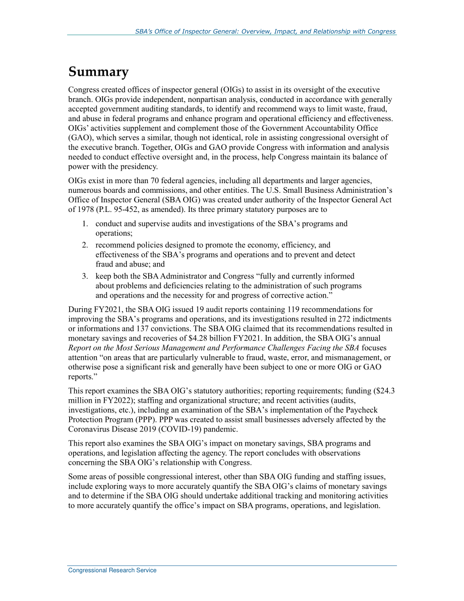 [20220415]R44589_SBA监察长办公室：概述、影响以及与国会的关系.pdf_第2页
