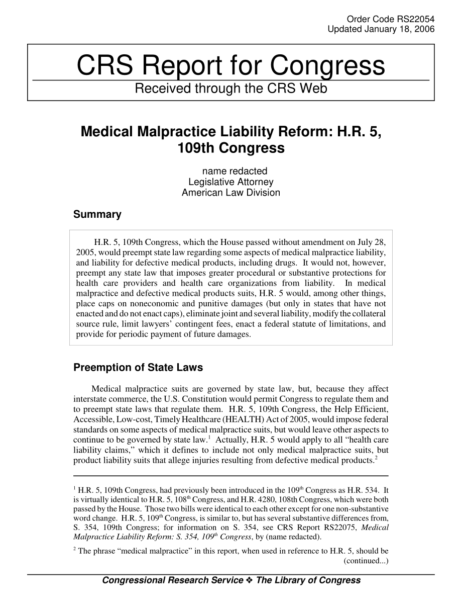 [20060118]RS22054_医疗事故责任改革：H、 R第5109届国会.pdf_第1页