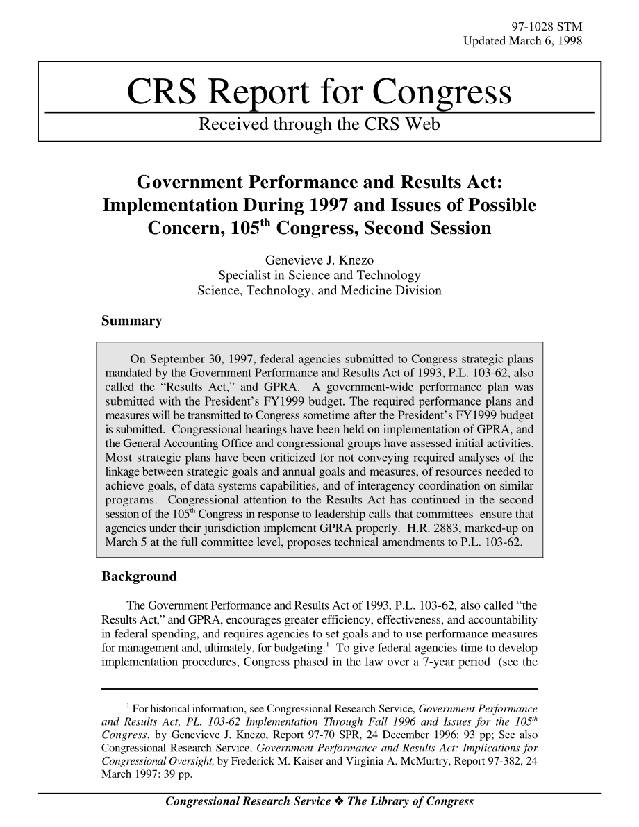[19980306]97-1028STM_政府绩效和结果法案：1997年执行情况和可能关注的问题第105届大会第二届会议.pdf_第1页