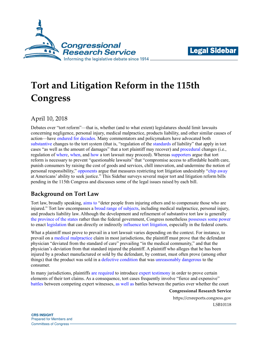 [20180410]LSB10118_第115届国会的侵权与诉讼改革.pdf_第1页