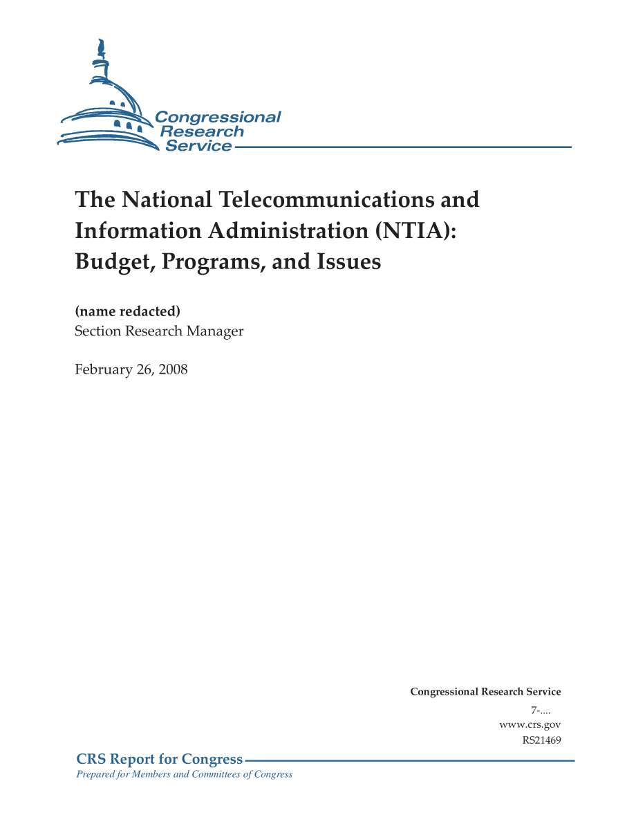 [20080226]RS21469_国家电信和信息管理局（NTIA）：预算、计划和问题.pdf_第1页