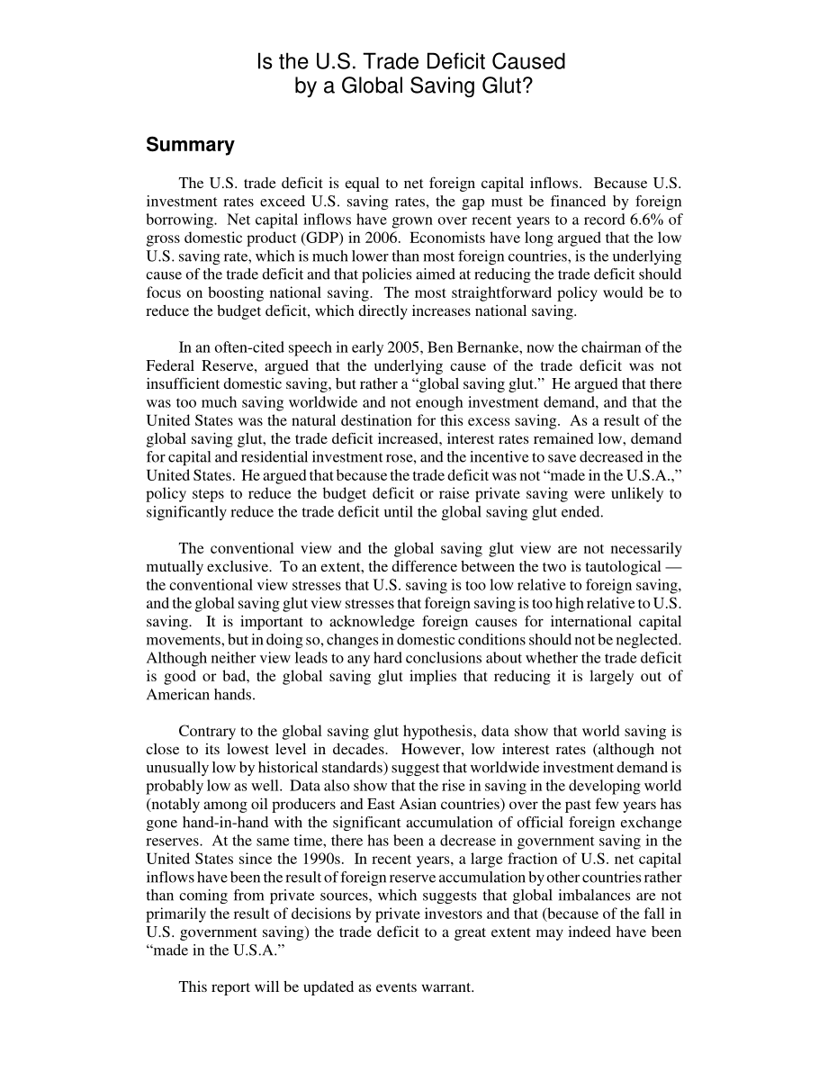 [20070620]RL33140_美国的贸易赤字是由全球储蓄过剩造成的吗？.pdf_第2页