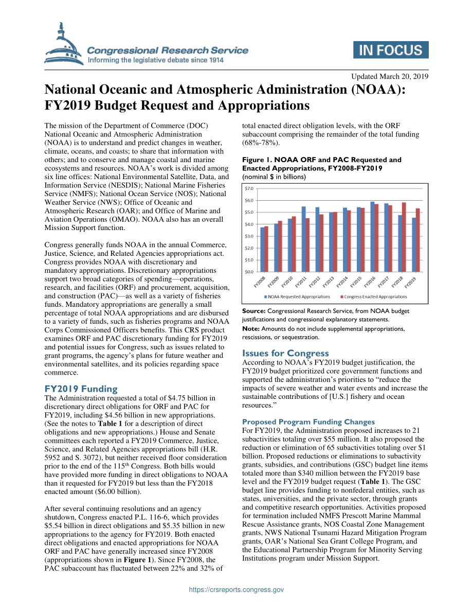 [20190320]IF10907_国家海洋和大气管理局（NOAA）：2019财年预算申请和拨款.pdf_第1页