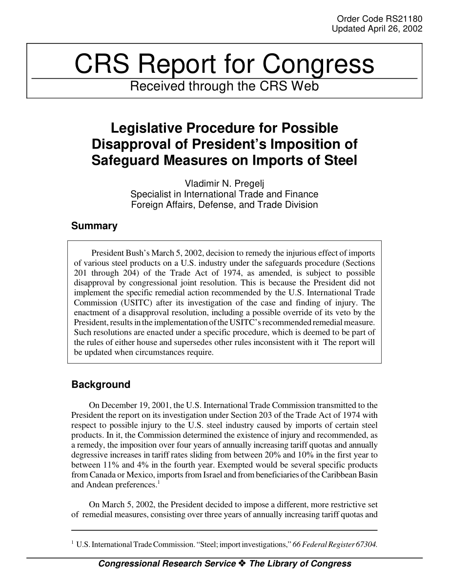 [20020426]RS21180_可能不批准总统对进口钢材实施保障措施的立法程序.pdf_第1页