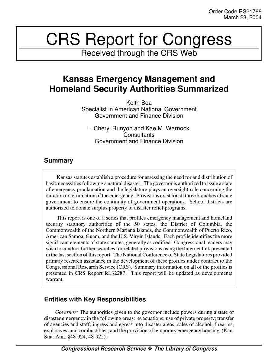 [20040323]RS21788_堪萨斯州应急管理和国土安全局总结.pdf_第1页
