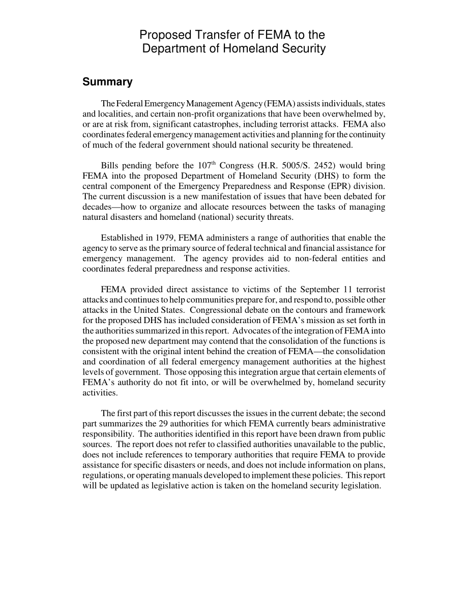 [20020729]RL31510_拟议将联邦应急管理局移交给国土安全部.pdf_第2页