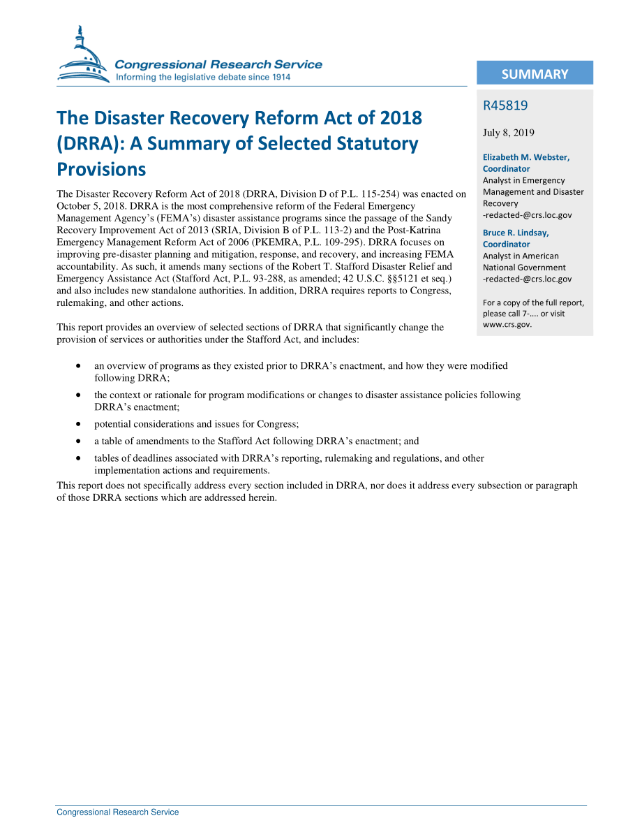 [20190708]R45819_2018年灾难恢复改革法案（DRRA）：选定的法定条文摘要.pdf_第2页