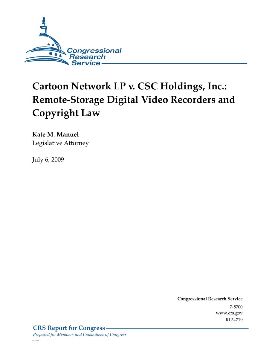 [20090706]RL34719_Cartoon Network LP诉CSC HoldingsInc.：远程存储数字录像机与版权法.pdf_第1页
