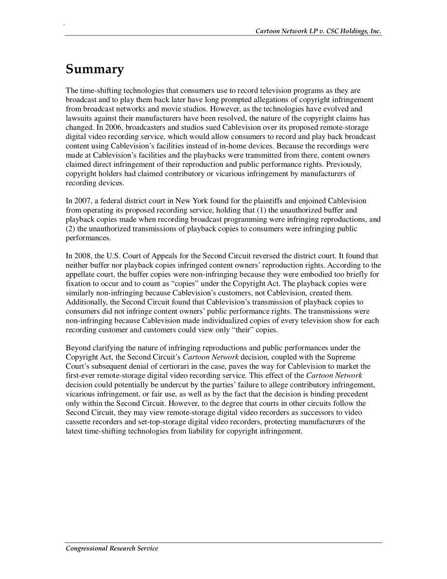 [20090706]RL34719_Cartoon Network LP诉CSC HoldingsInc.：远程存储数字录像机与版权法.pdf_第2页