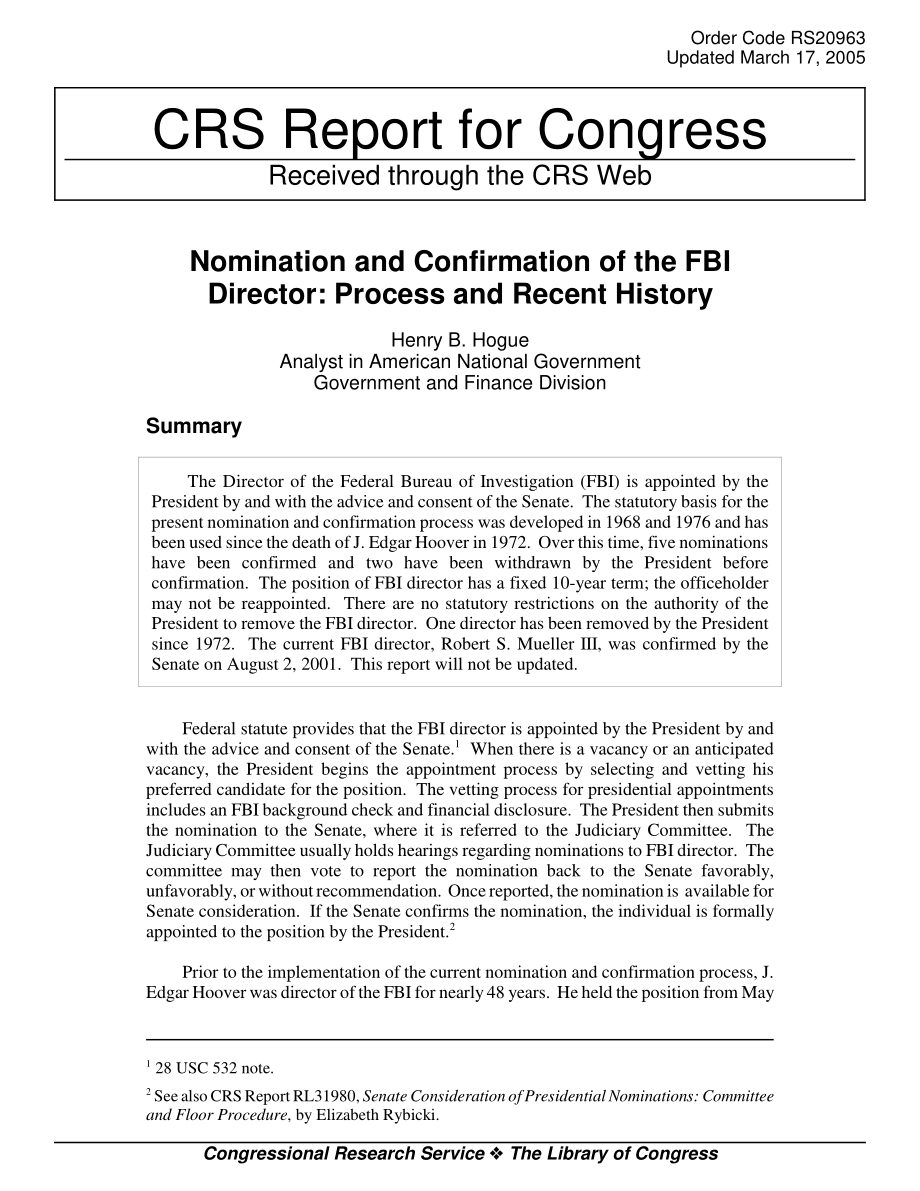 [20050317]RS20963_联邦调查局局长的提名和确认：流程和近期历史.pdf_第1页