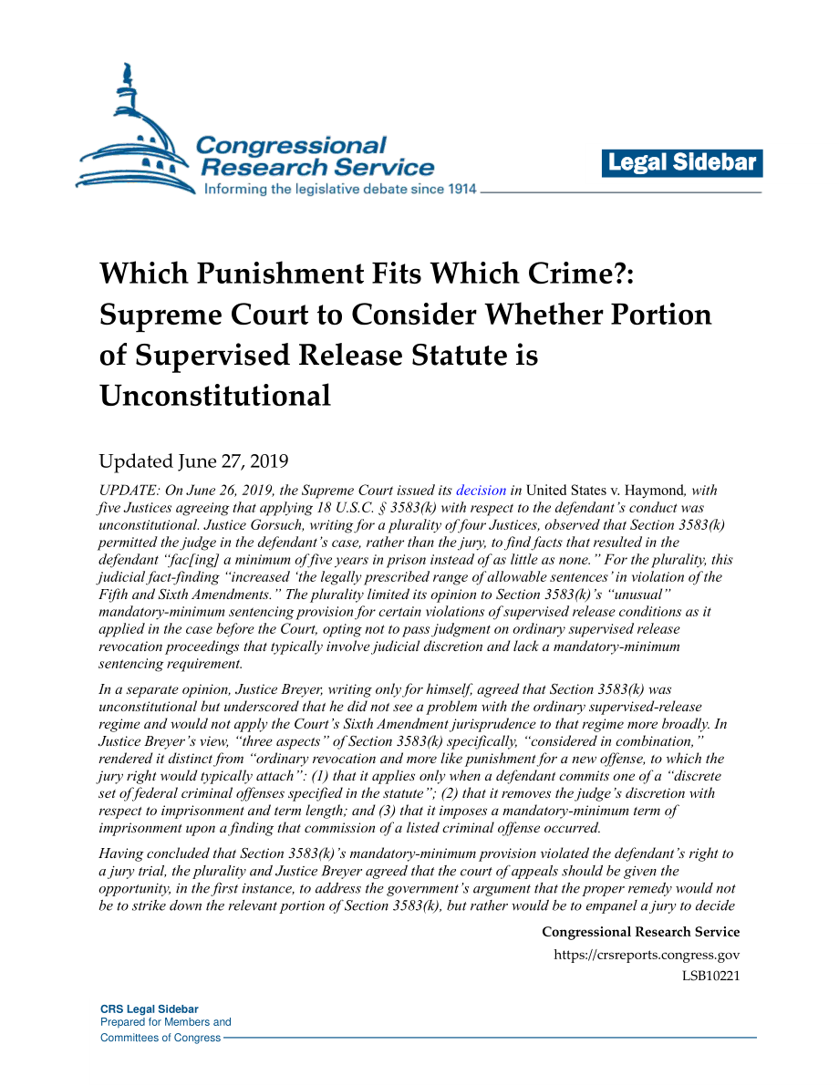 [20190627]LSB10221_哪种惩罚适合哪种罪行最高法院将考虑监管释放法规的一部分是否违宪.pdf_第1页