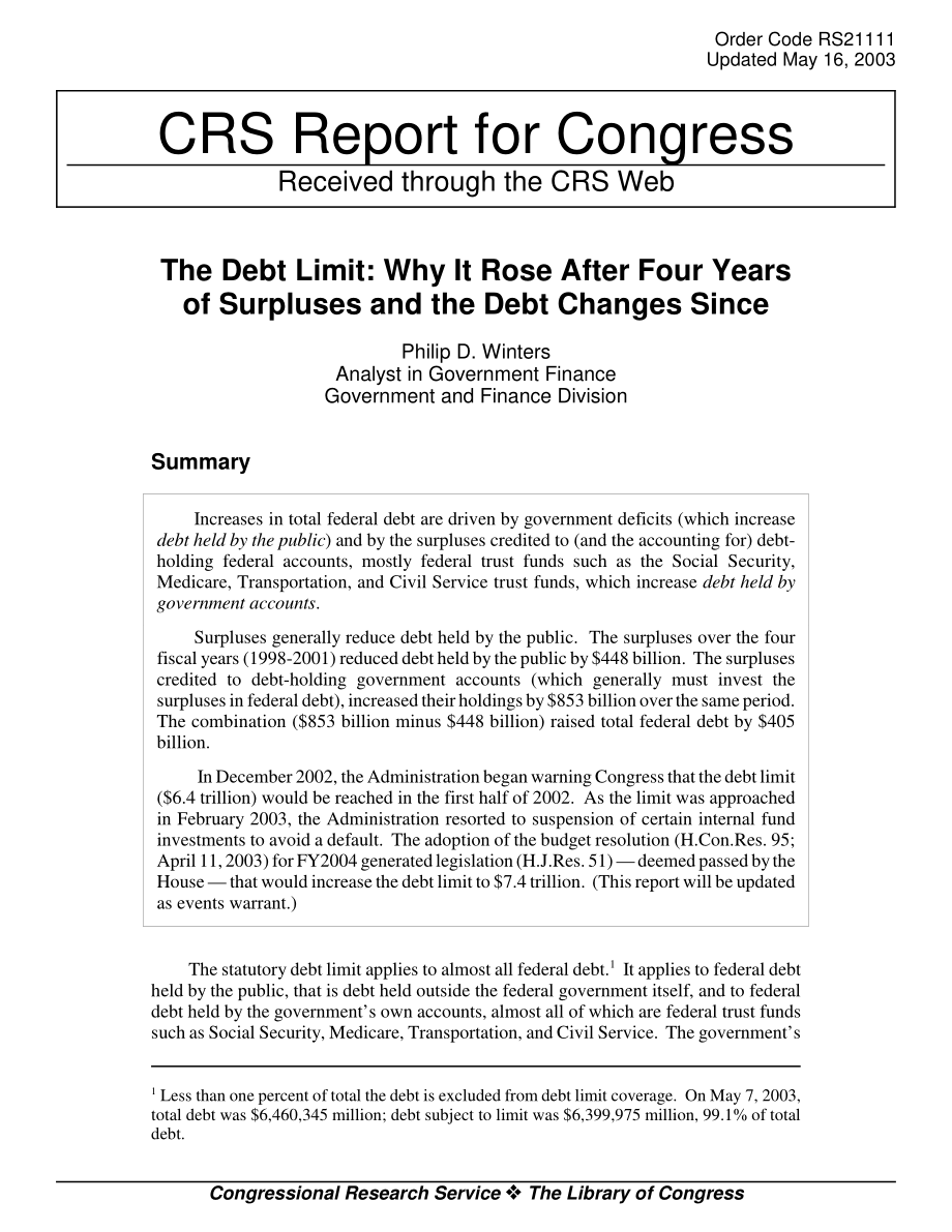 [20030516]RS21111_债务限额：为什么在经历了四年的盈余和此后的债务变化后它会上升.pdf_第1页
