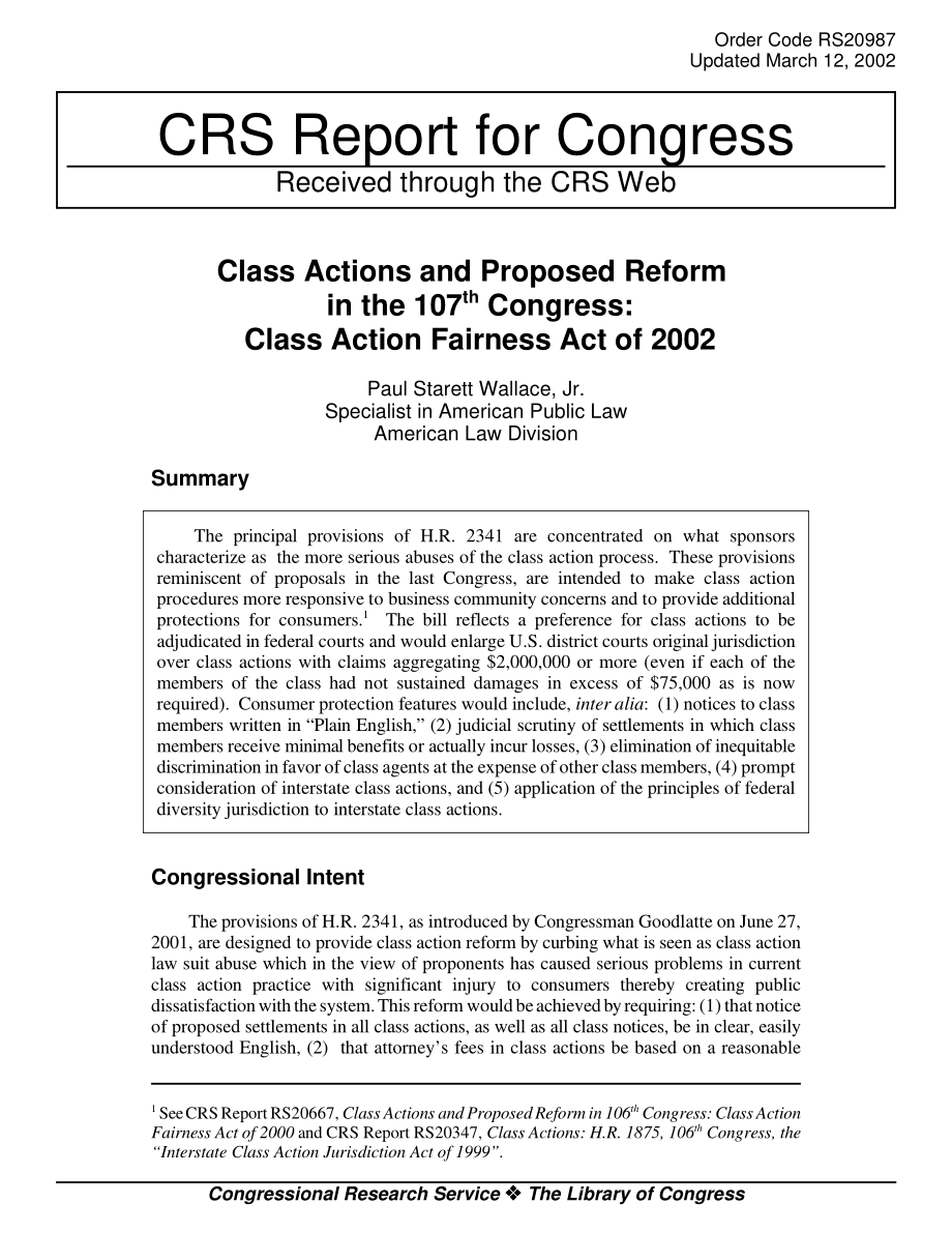 [20020312]RS20987_第107届国会集体行动和拟议改革：2002年《集体诉讼公平法》.pdf_第1页