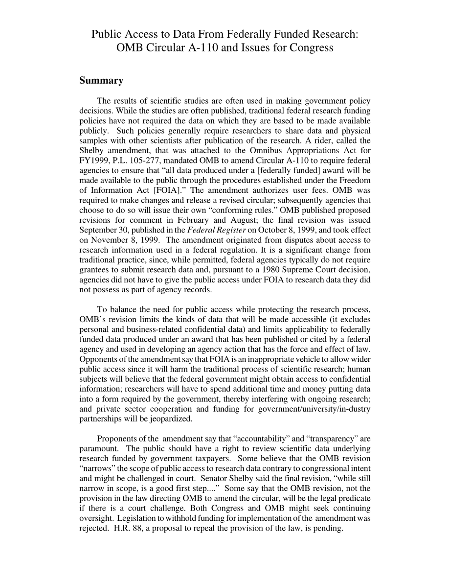 [19991118]RL30376_Public Access to Data From Federally Funded Research OMB Circular A-110 and Issues for Congress.pdf_第3页