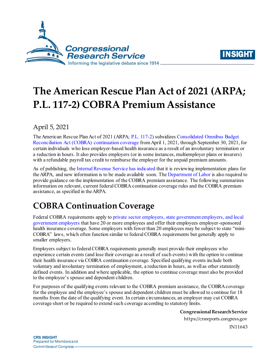 [20210405]IN11643_《2021美国救援计划法案》（ARPA；P.L117-2）COBRA高级协助.pdf_第1页