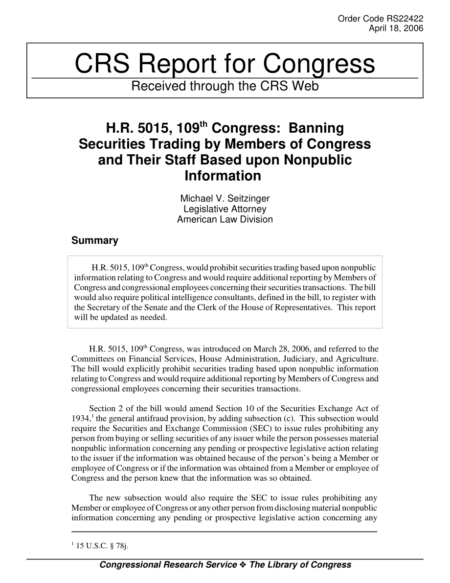 [20060418]RS22422_H、 R5015109届大会：禁止国会议员及其工作人员根据非公开信息进行证券交易.pdf_第1页