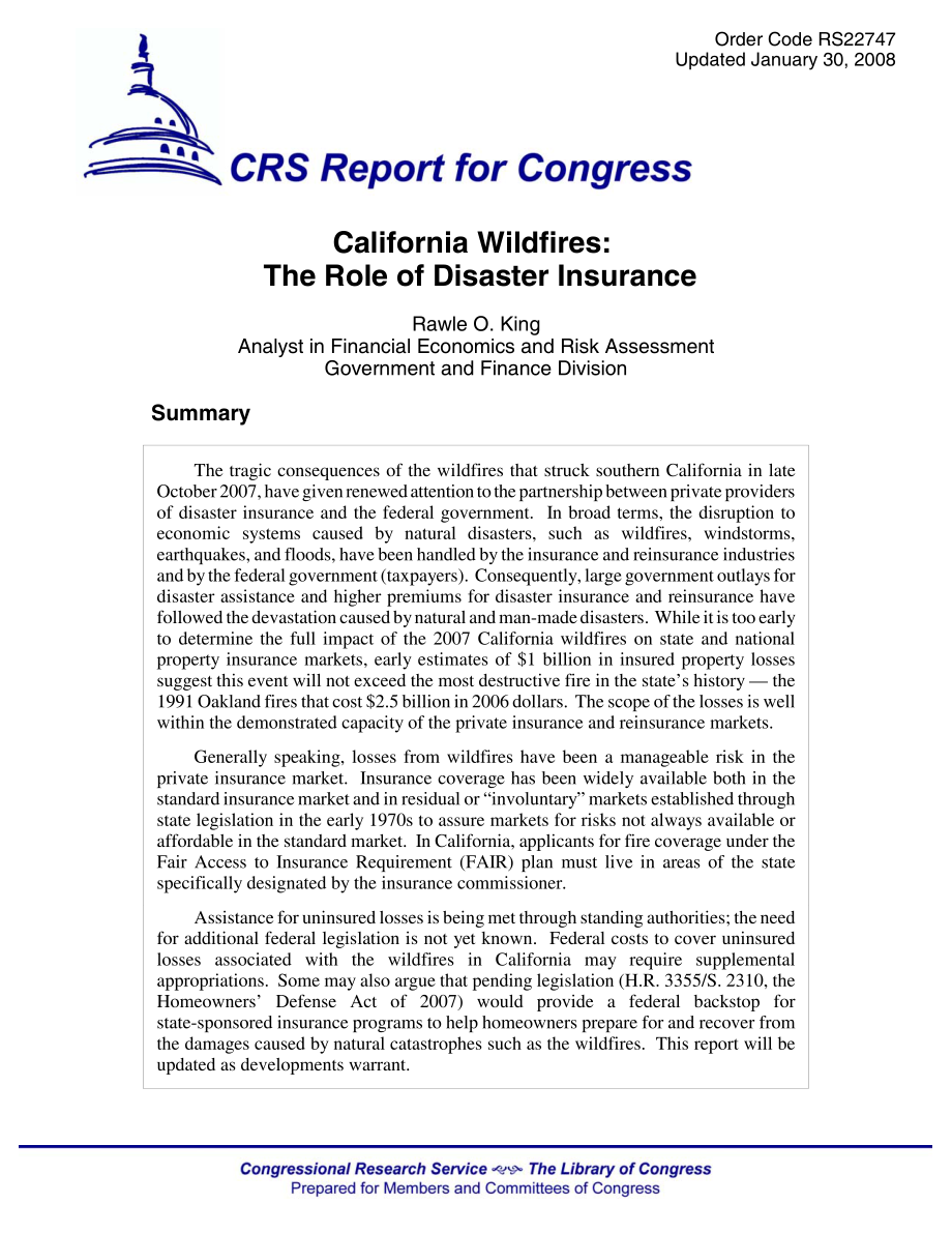 [20080130]RS22747_加利福尼亚野火：灾害保险的作用.pdf_第1页