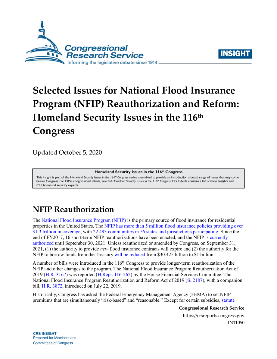 [20201005]IN11050_国家洪水保险计划（NFIP）重新授权和改革的选定问题：第116届国会的国土安全问题.pdf_第1页