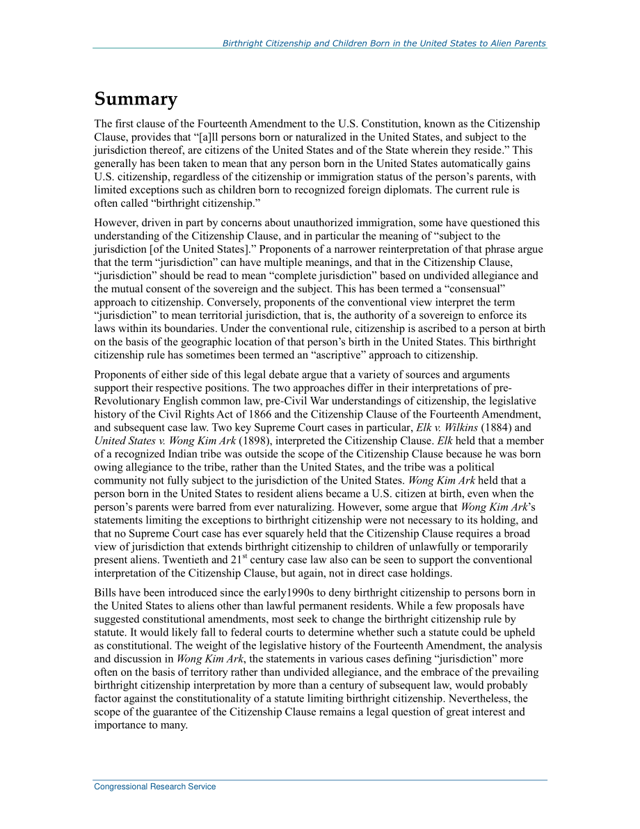 [20151028]R44251_出生权公民身份和外籍父母在美国出生的子女：法律辩论概述.pdf_第2页