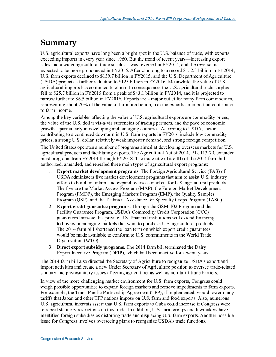 [20160509]R43696_农业出口和2014年农业法案计划：背景和当前问题.pdf_第2页