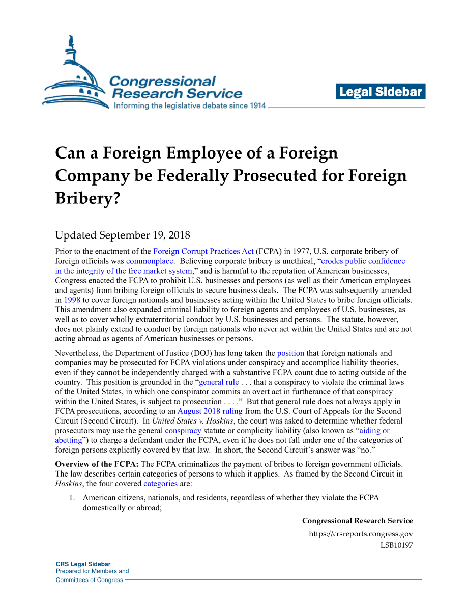 [20180919]LSB10197_外国公司的外国雇员能否因外国贿赂被联邦政府起诉？.pdf_第1页