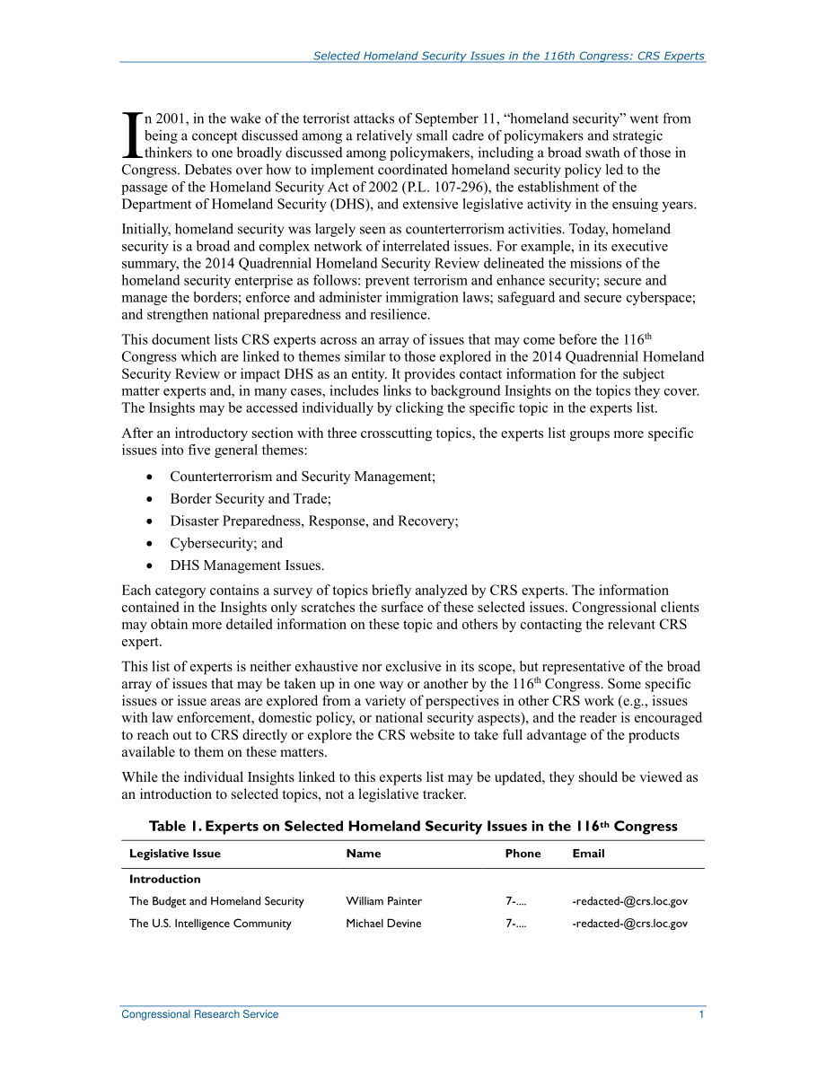 [20190425]R45684_第116届国会中选定的国土安全问题：CRS专家.pdf_第2页
