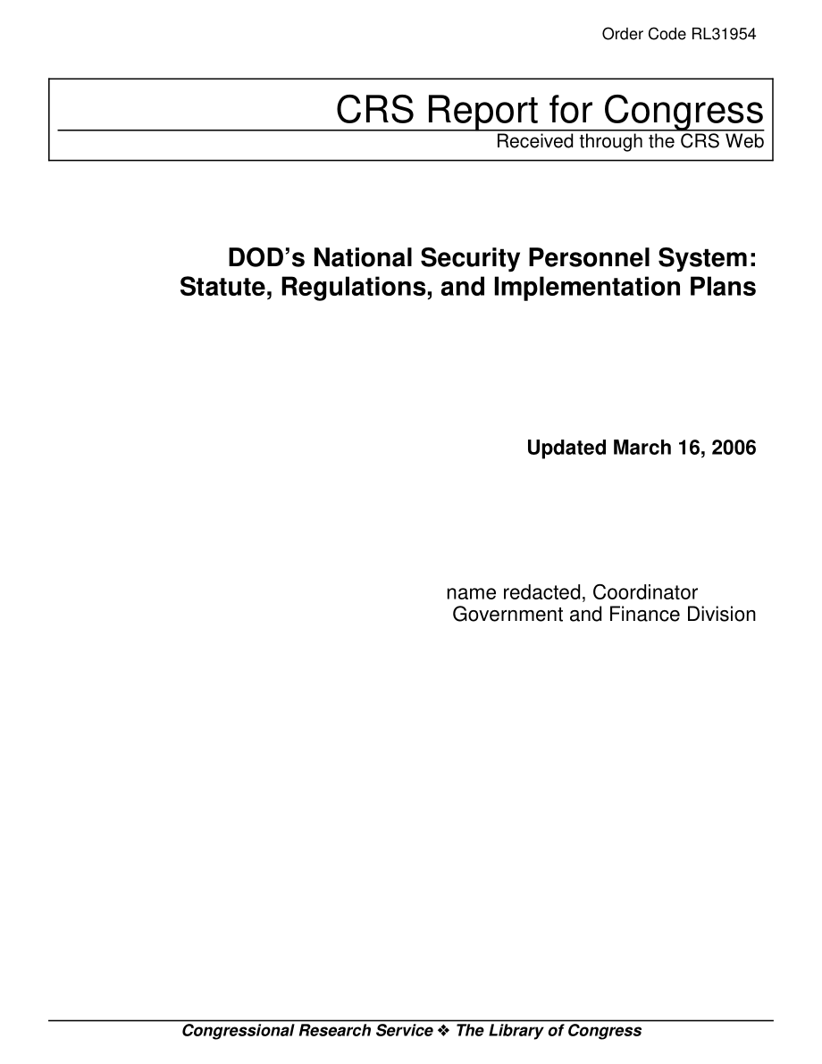 [20060316]RL31954_国防部国家安全人事系统：法规、条例和实施计划.pdf_第1页