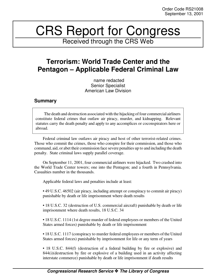 [20010913]RS21008_恐怖主义：世贸中心和五角大楼——适用的联邦刑法.pdf_第1页