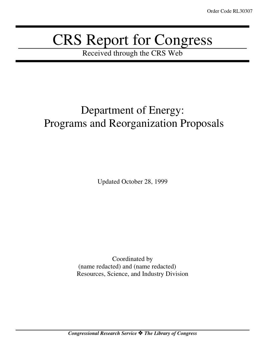 [19991028]RL30307_Department of Energy Programs and Reorganization Proposals.pdf_第1页