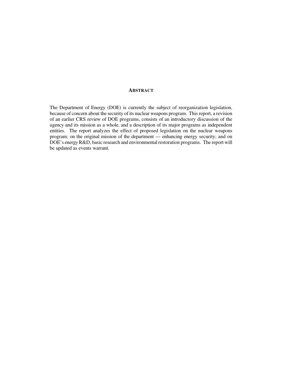 [19991028]RL30307_Department of Energy Programs and Reorganization Proposals.pdf_第2页
