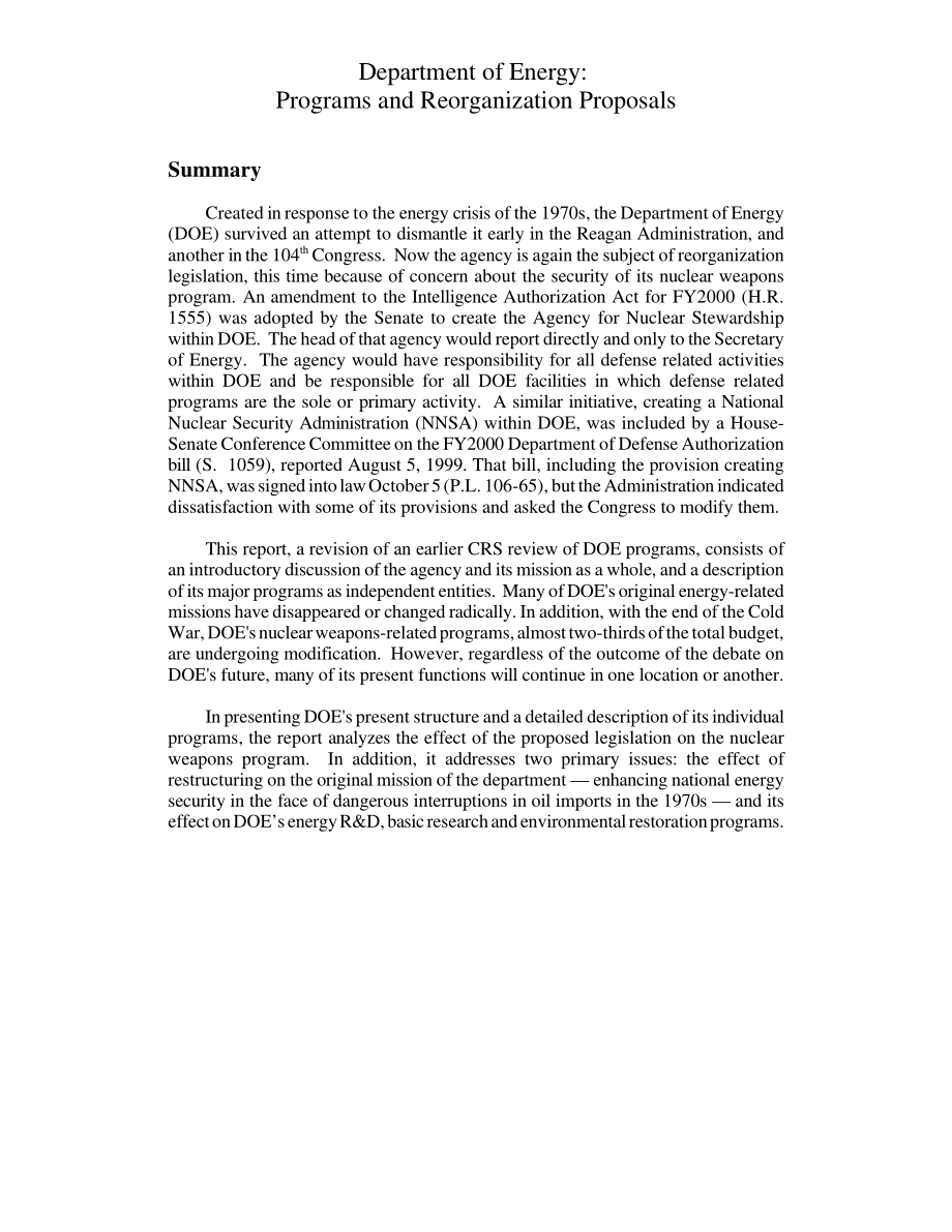 [19991028]RL30307_Department of Energy Programs and Reorganization Proposals.pdf_第3页