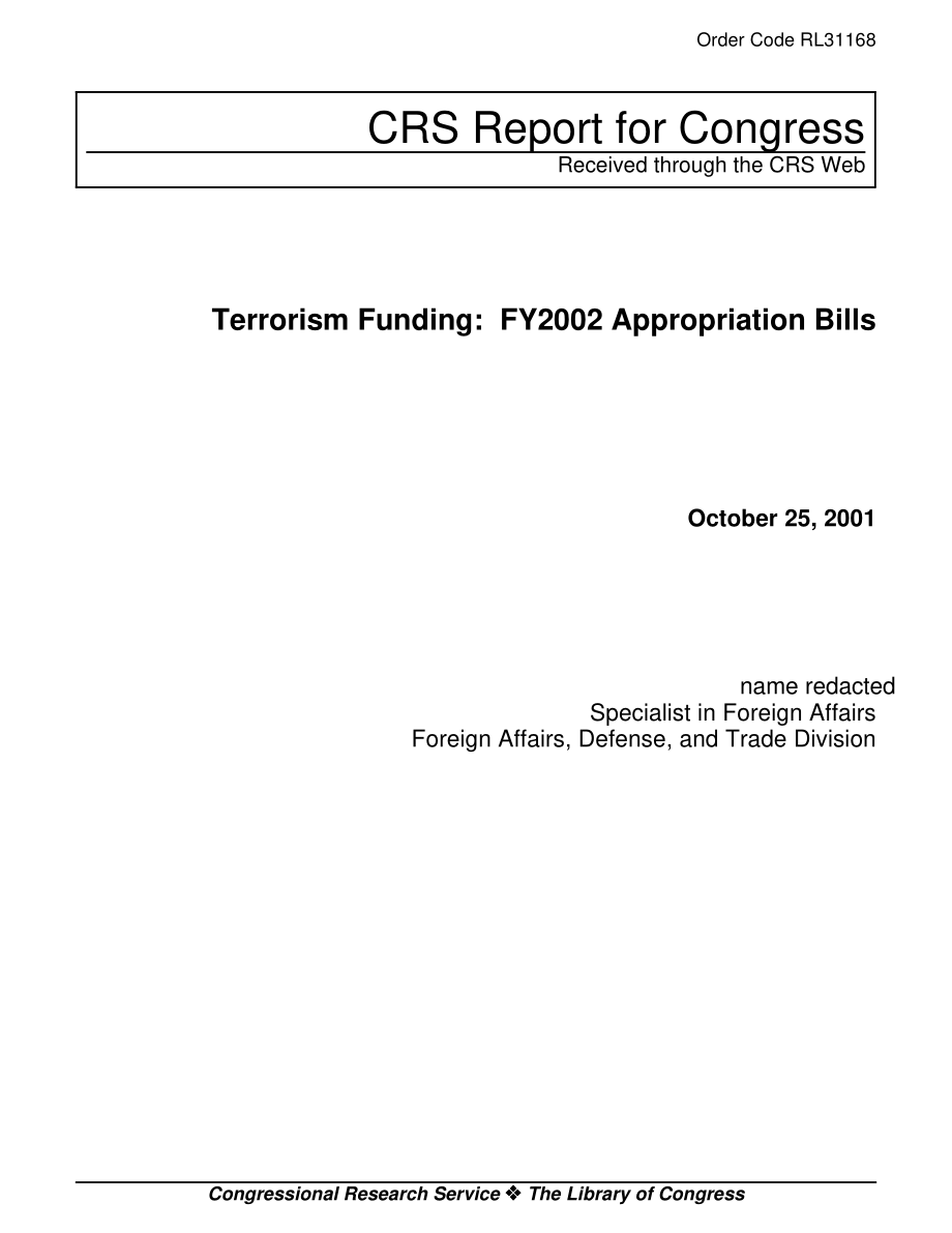 [20011025]RL31168_资助恐怖主义：FY 2002 Appropriation Bills.pdf_第1页