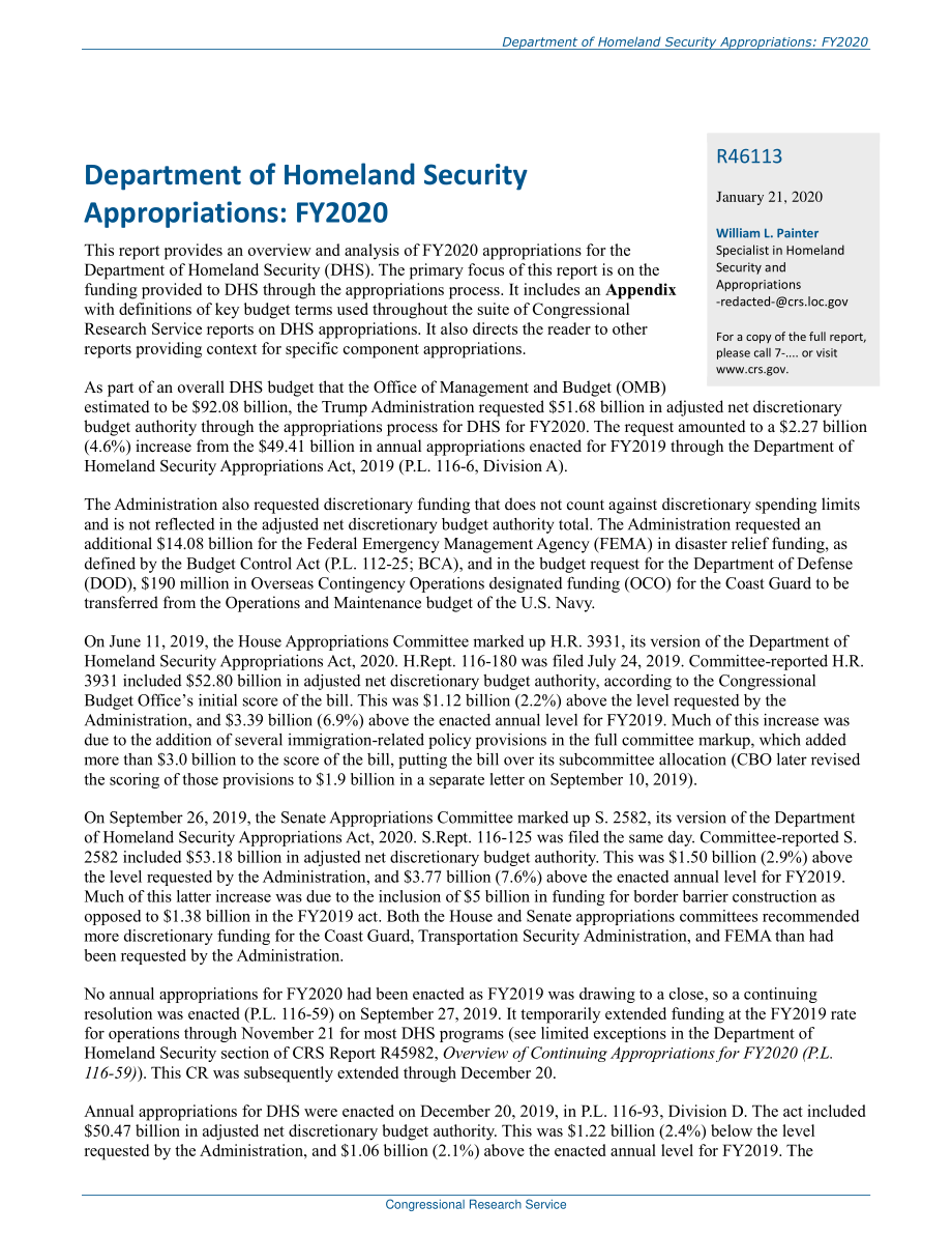 [20200121]R46113_国土安全部拨款：2020财年.pdf_第2页
