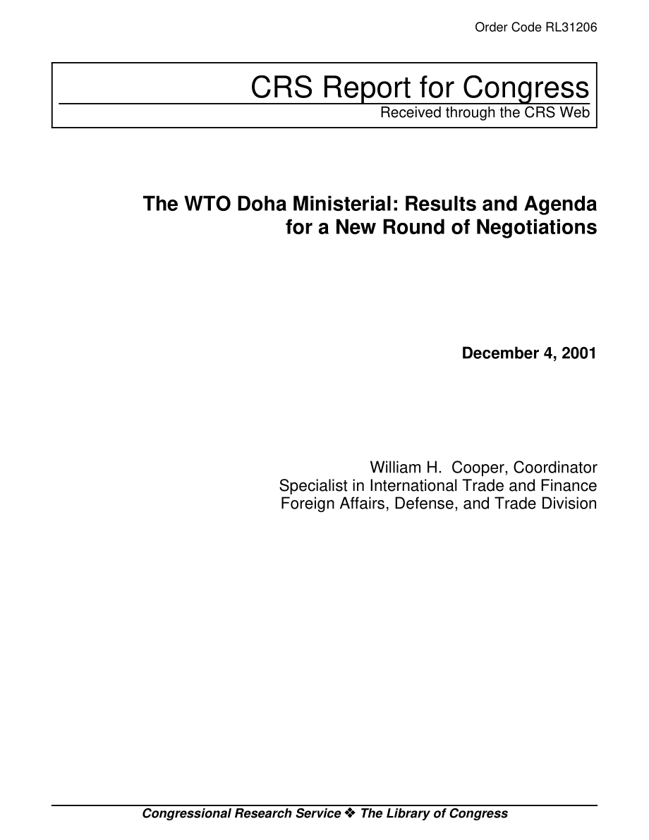 [20011204]RL31206_世贸组织多哈部长级会议：新一轮谈判的结果和议程.pdf_第1页