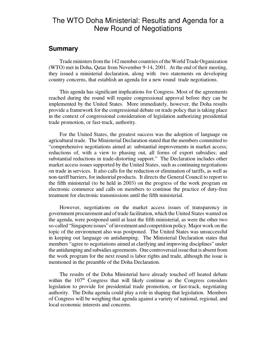 [20011204]RL31206_世贸组织多哈部长级会议：新一轮谈判的结果和议程.pdf_第2页