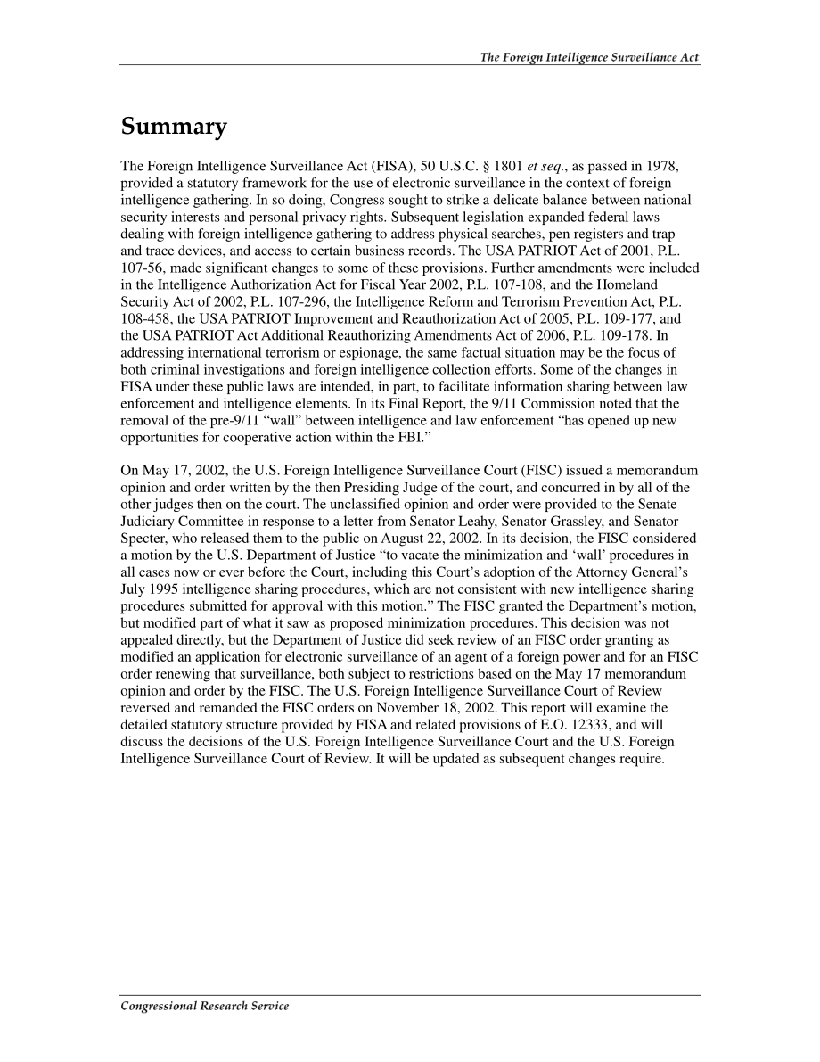 [20070215]RL30465_《外国情报监视法》：概述法定框架和美国外国情报监督法院和美国外国情报监督法院的审查决定.pdf_第2页