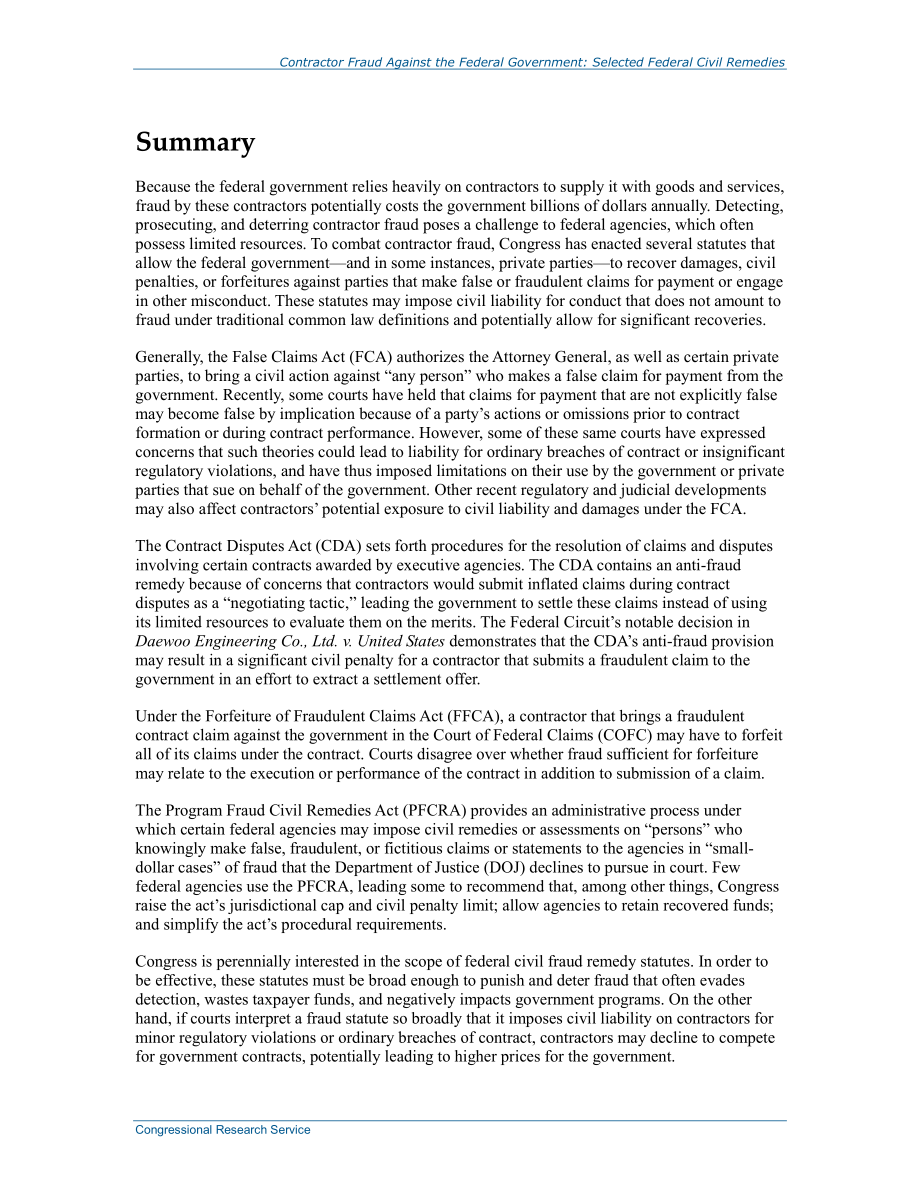 [20140401]R43460_承包商对联邦政府的欺诈：选定的联邦民事救济.pdf_第2页