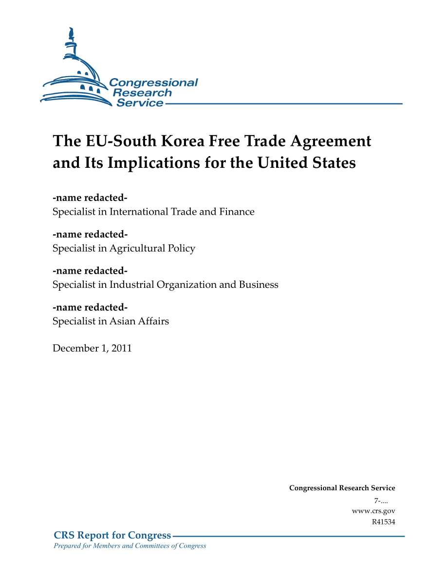 [20111201]R41534_欧盟-韩国自由贸易协定及其对美国的影响.pdf_第1页