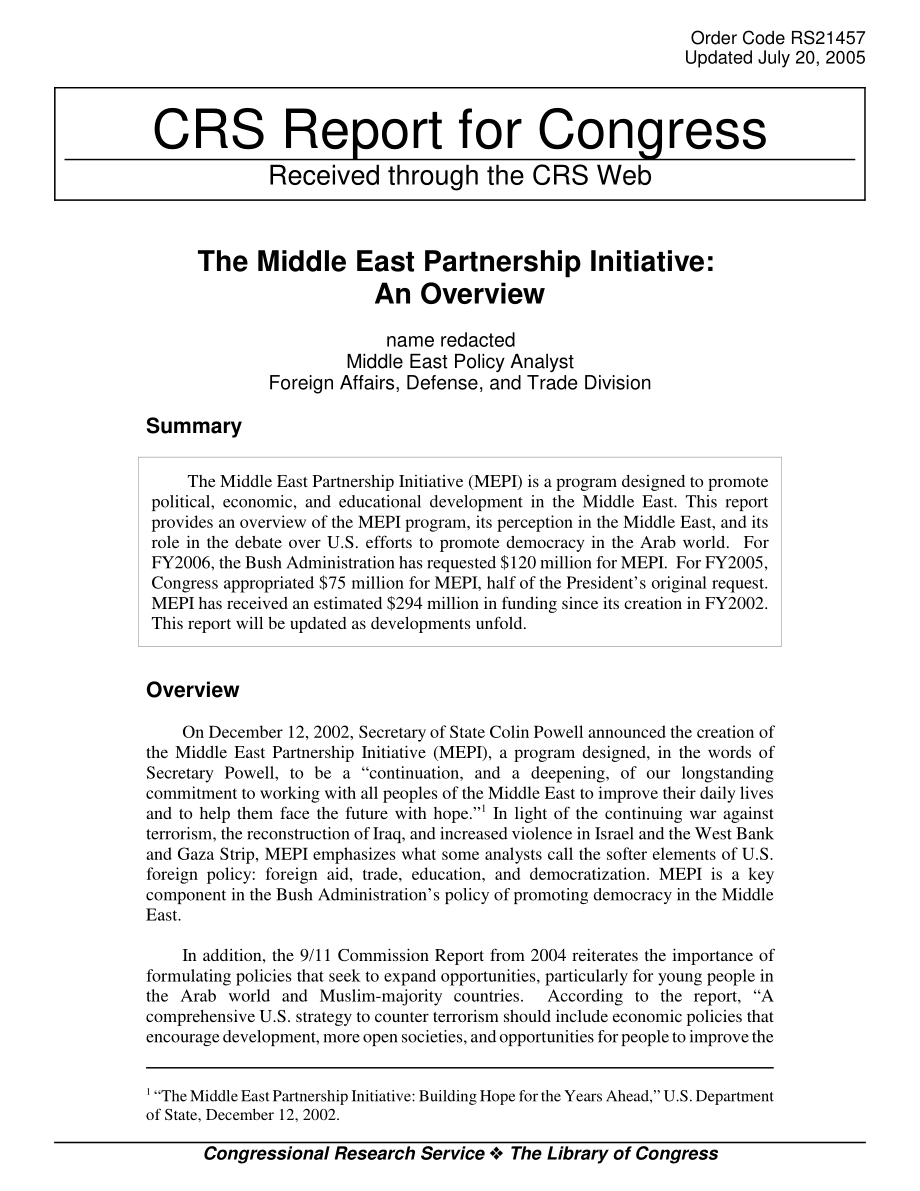 [20050720]RS21457_中东伙伴关系倡议：概述.pdf_第1页