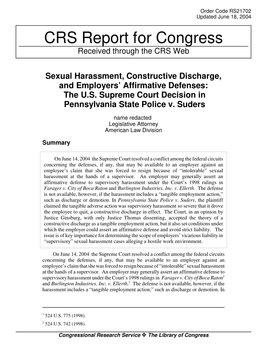 [20040618]RS21702_性骚扰、推定解雇和雇主的肯定性辩护：美国最高法院在宾夕法尼亚州警察诉苏德斯案中的裁决.pdf_第1页