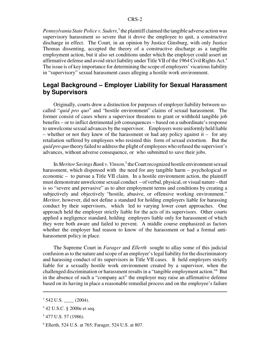 [20040618]RS21702_性骚扰、推定解雇和雇主的肯定性辩护：美国最高法院在宾夕法尼亚州警察诉苏德斯案中的裁决.pdf_第2页
