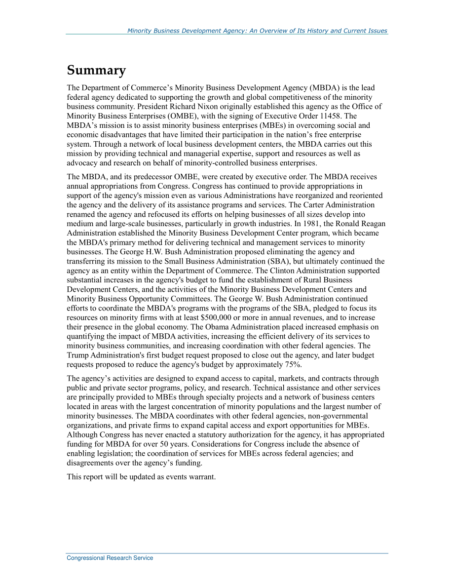 [20210430]R45015_少数族裔商业发展局：历史和当前问题概述.pdf_第2页