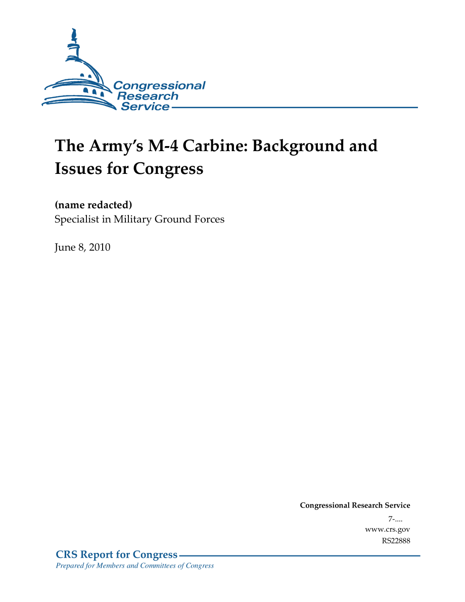[20100608]RS22888_陆军M-4卡宾枪：国会背景和议题.pdf_第1页