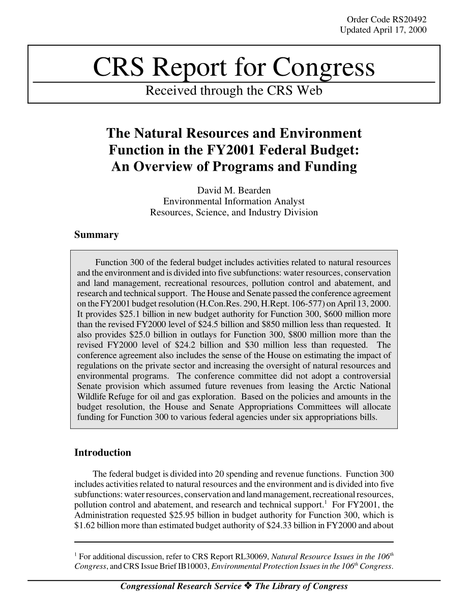 [20000417]RS20492_2001财年联邦预算中的自然资源和环境职能：项目和资金概述.pdf_第1页