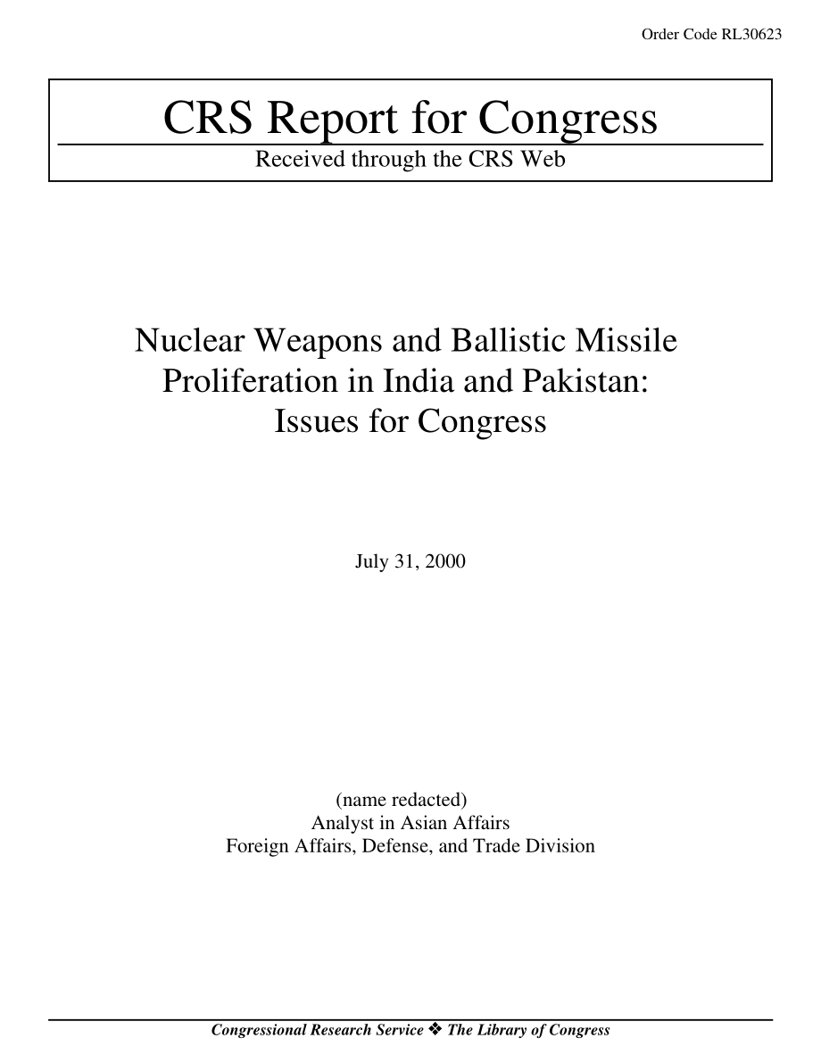 [20000731]RL30623_印度和巴基斯坦的核武器和弹道导弹扩散：国会议题.pdf_第1页