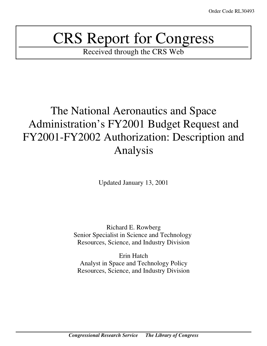 [20010113]RL30493_美国国家航空航天局2001财年预算请求和2001-2002财年授权：描述和分析.pdf_第1页