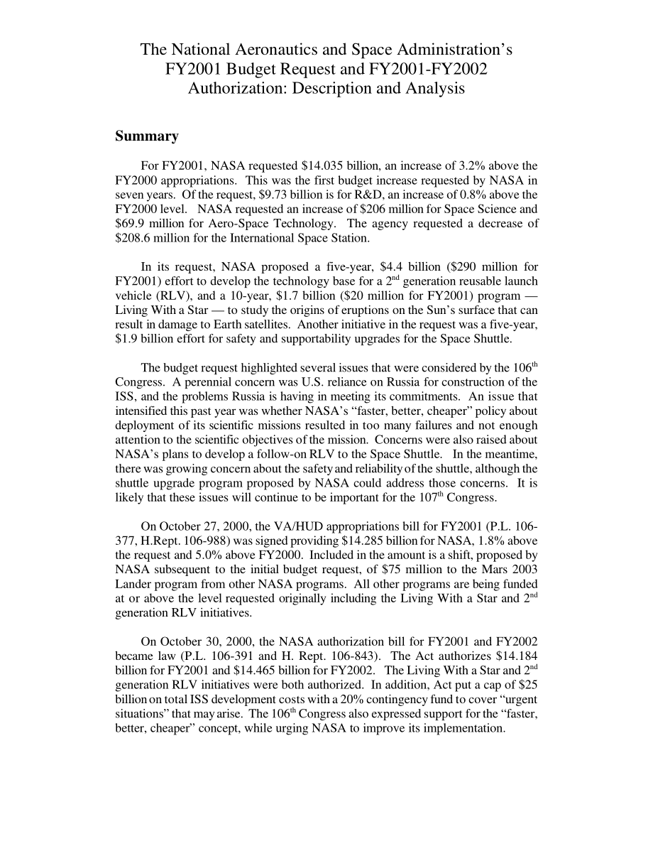 [20010113]RL30493_美国国家航空航天局2001财年预算请求和2001-2002财年授权：描述和分析.pdf_第2页