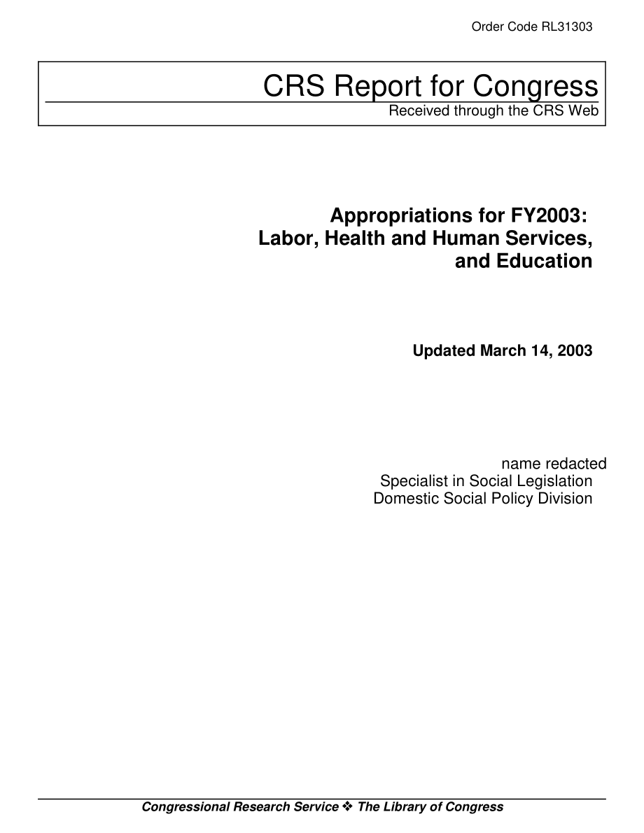 [20030314]RL31303_2003财年拨款：劳动、卫生和公共服务以及教育.pdf_第1页
